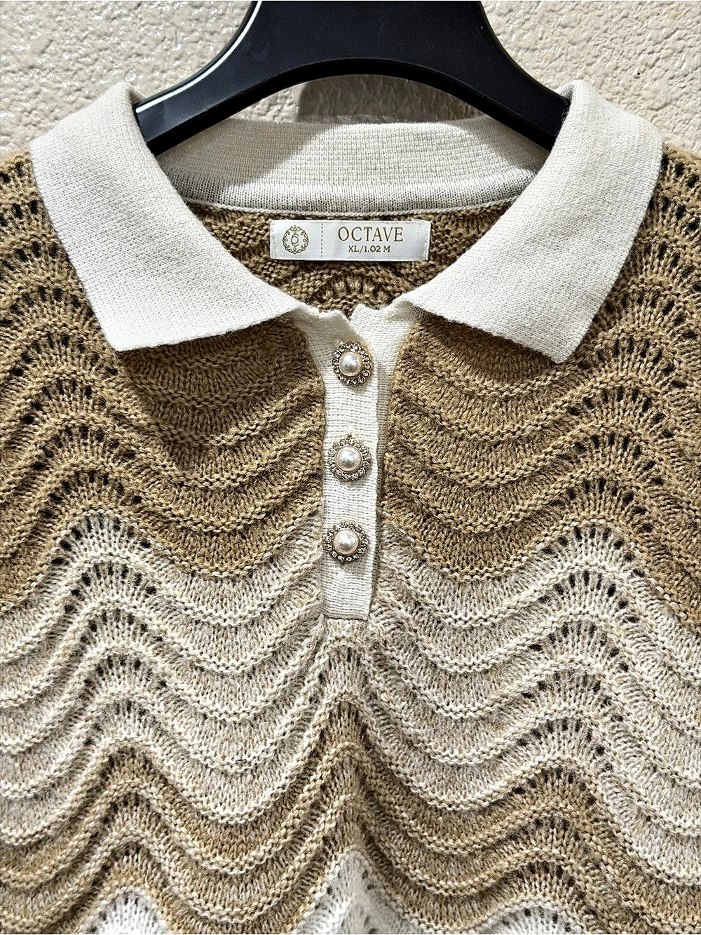 Octave Wavy Knit Polo Sweater in Brown & Cream Size XL